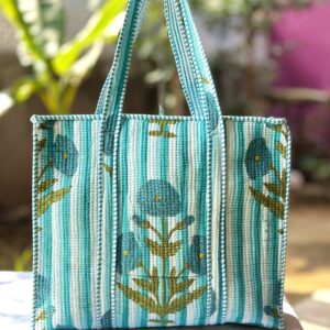 Large-shopping-tote-bag-with-zip-closure-handle-cyan-green-floral-print-from YOD