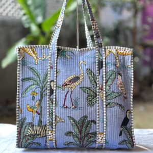 Large-shopping-tote-bag-with-zip-closure-handle-yellow-green-bird-plant-print at YOD